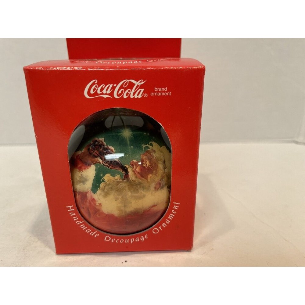 Set of 2 COCA COLA Handmade Decoupage 1994 Christmas Ornaments, Enesco
